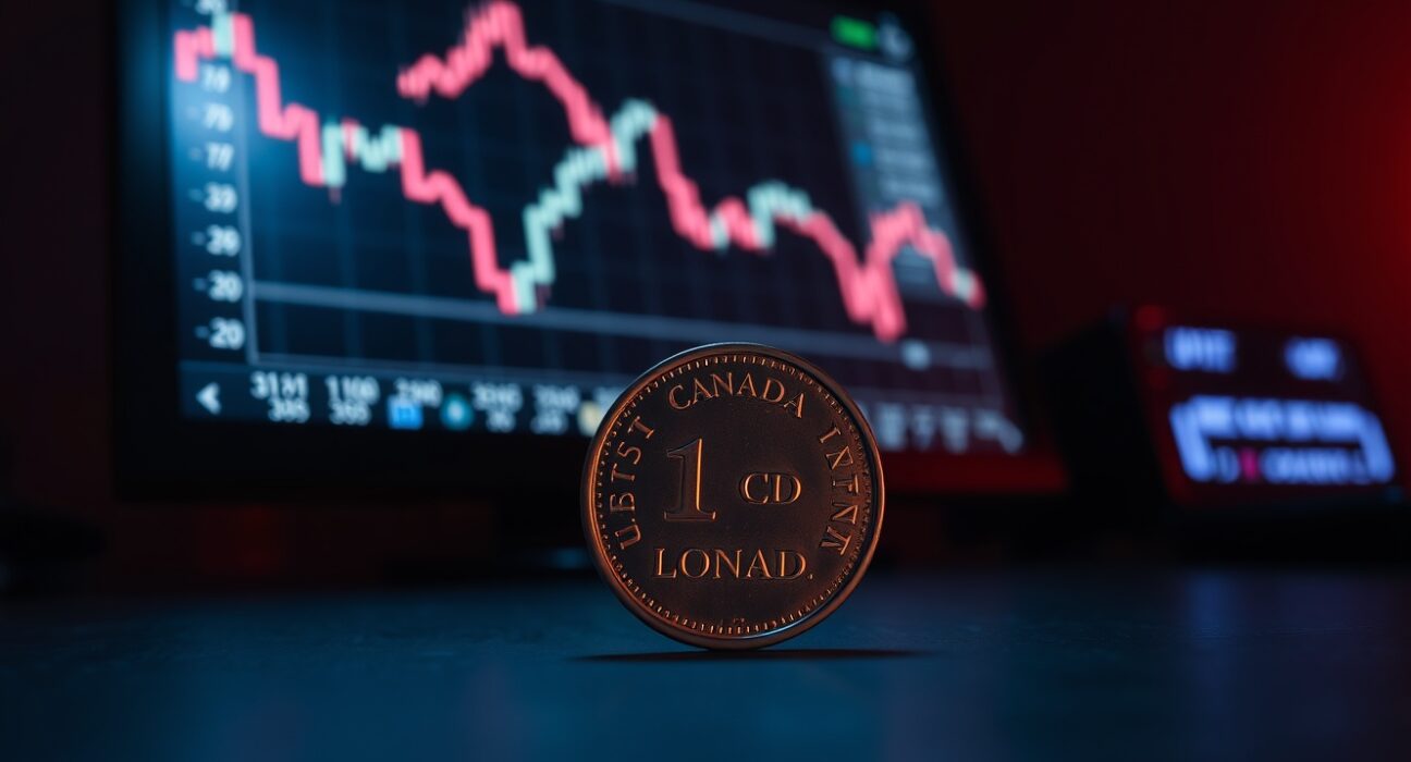 Canadian dollar coin in foreground with blurred computer monitor showing falling USD/CAD chart in background.