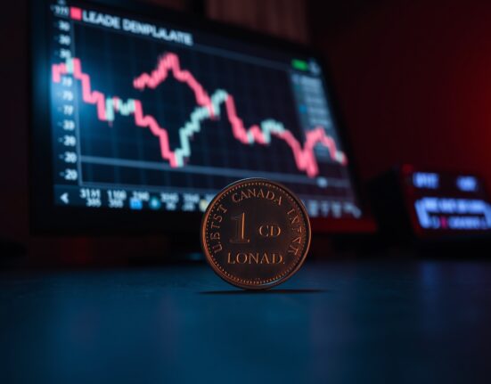 Canadian dollar coin in foreground with blurred computer monitor showing falling USD/CAD chart in background.