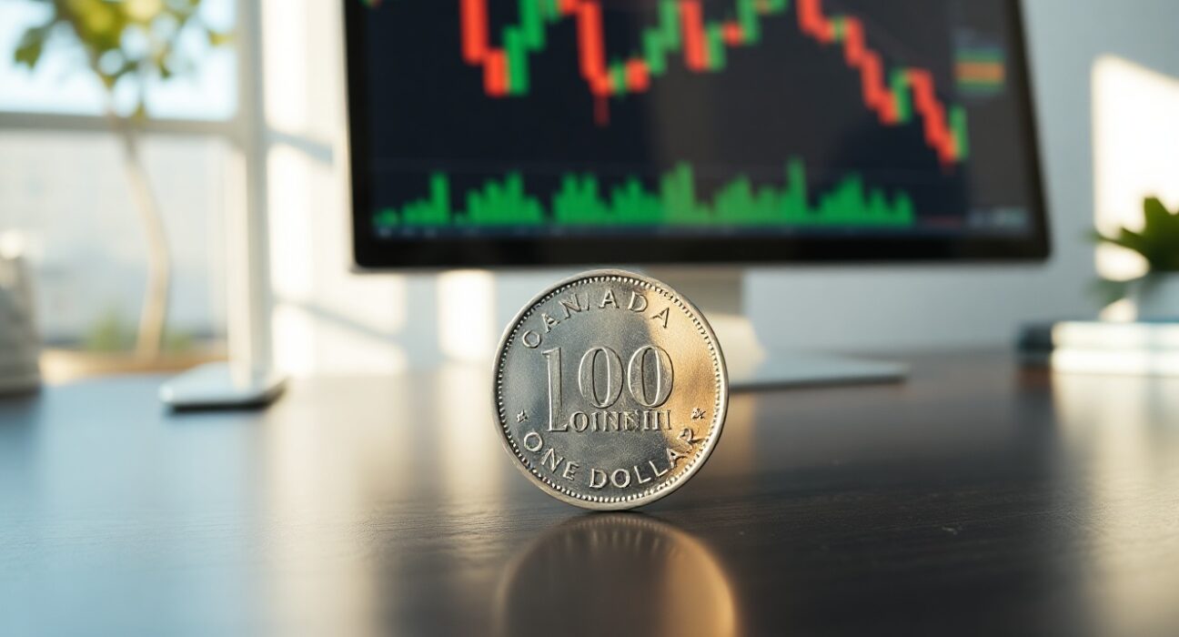Canadian loonie coin with a blurred forex chart showing a downward trend in the background