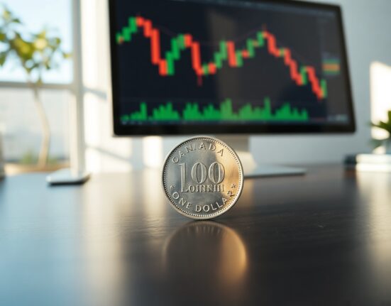 Canadian loonie coin with a blurred forex chart showing a downward trend in the background