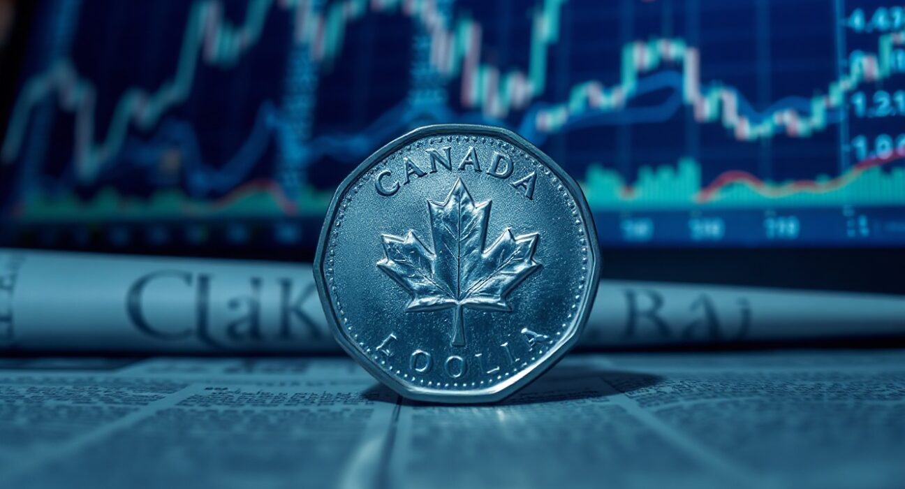 Canadian loonie coin on financial chart with bearish market backdrop