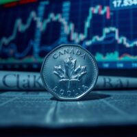 Canadian loonie coin on financial chart with bearish market backdrop