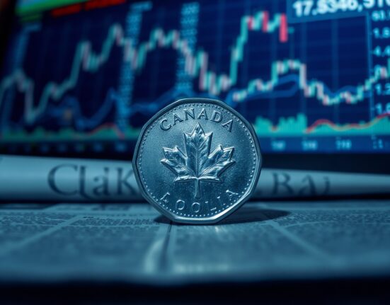 Canadian loonie coin on financial chart with bearish market backdrop