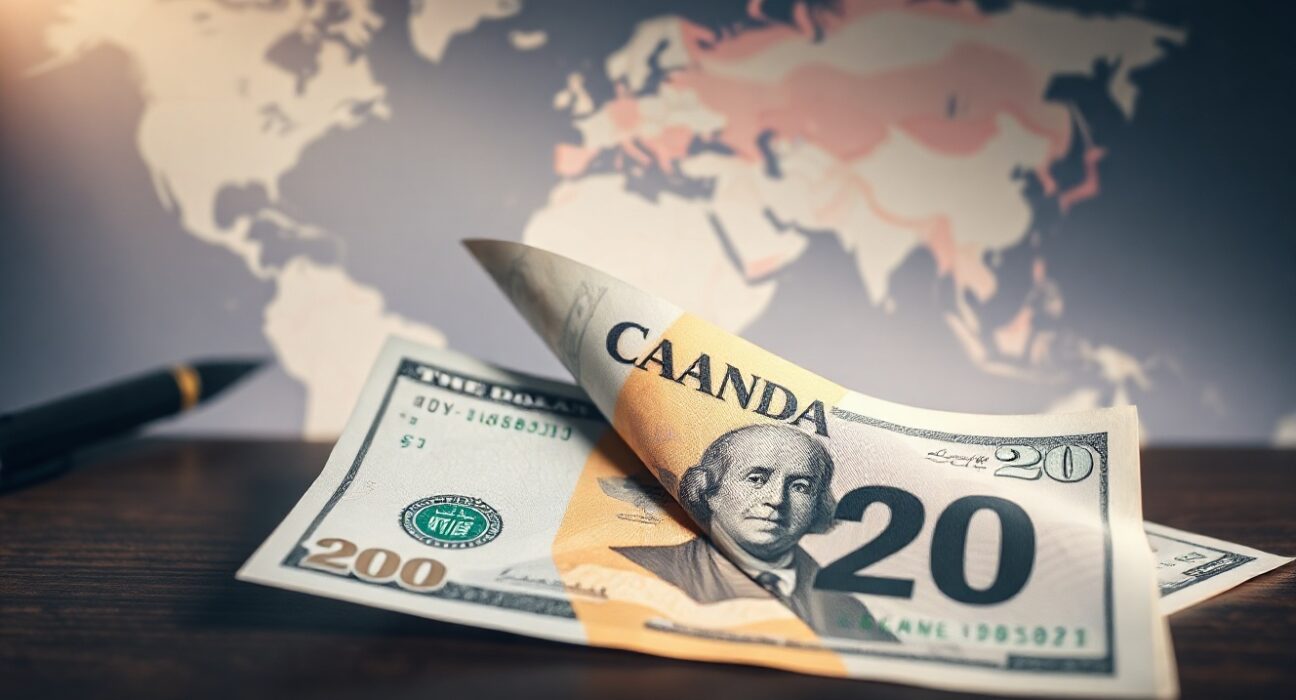 Canadian Dollar and US Dollar banknotes on a desk with a blurred map of the Middle East in the background, representing geopolitical impact on forex markets.