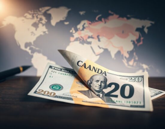 Canadian Dollar and US Dollar banknotes on a desk with a blurred map of the Middle East in the background, representing geopolitical impact on forex markets.