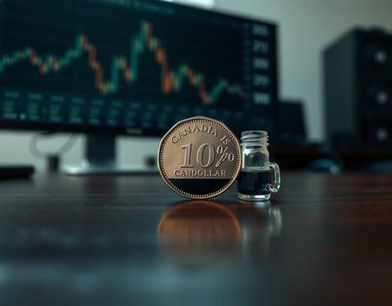 Canadian Loonie coin and crude oil vial representing the currency's resilience against falling