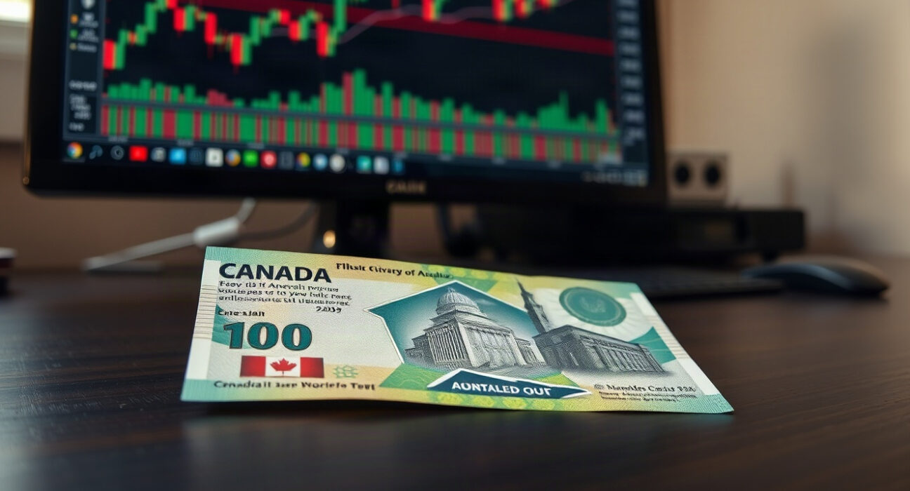 Canadian dollar banknote on desk with financial charts on monitor in background