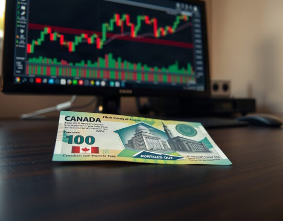 Canadian dollar banknote on desk with financial charts on monitor in background