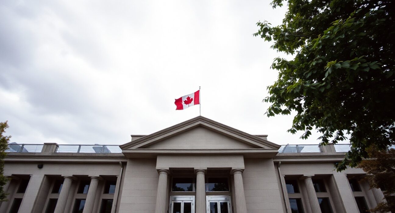 Bank of Canada building in Ottawa under overcast sky with Canadian flag