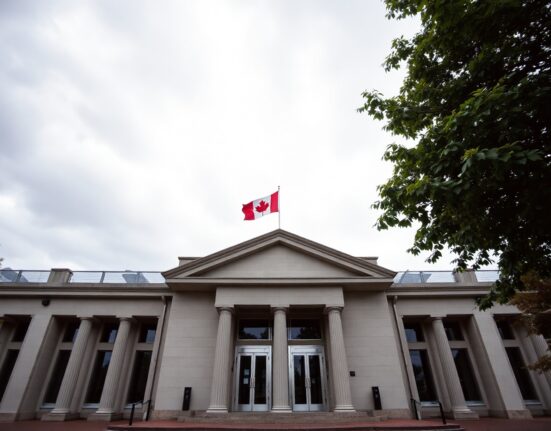 Bank of Canada building in Ottawa under overcast sky with Canadian flag