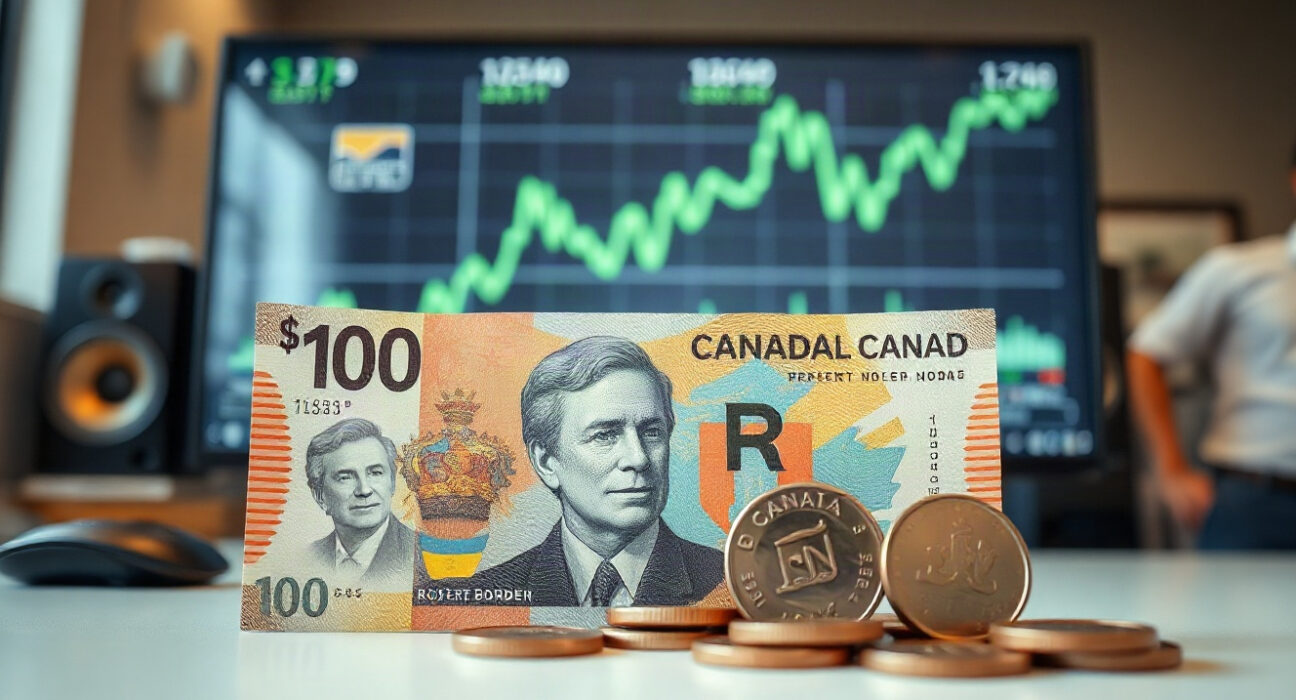 Canadian dollar banknotes and coins on a desk with a rising chart in the background