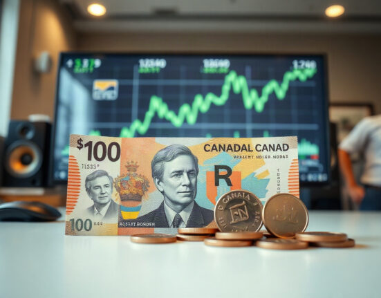 Canadian dollar banknotes and coins on a desk with a rising chart in the background