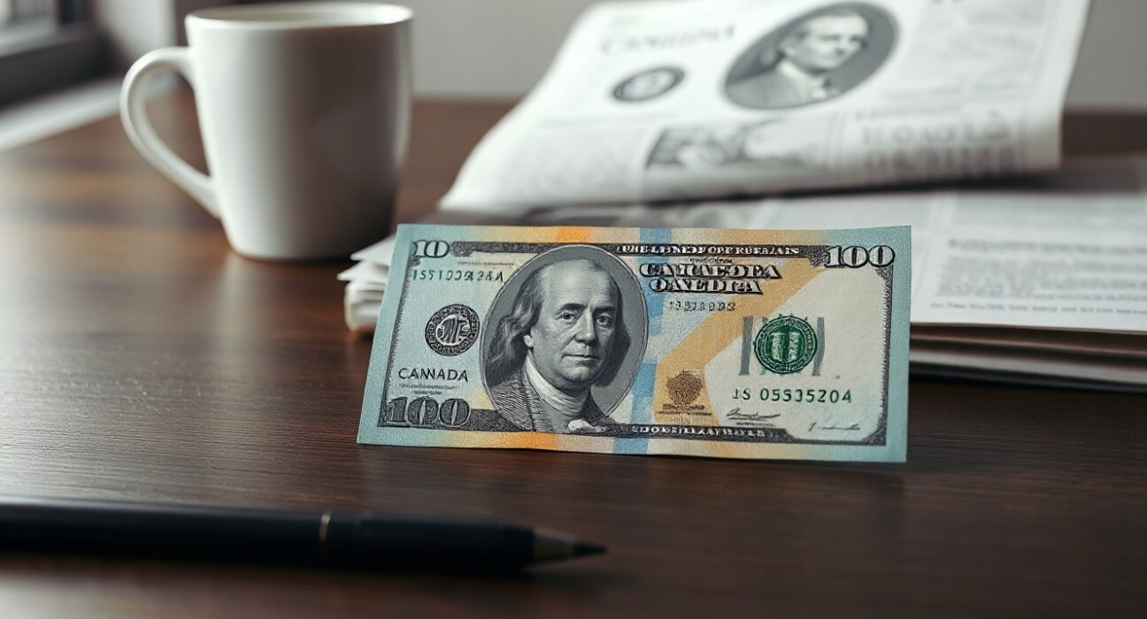 Canadian dollar and US dollar banknotes on a desk, representing forex analysis and Bank of Canada policy impact.