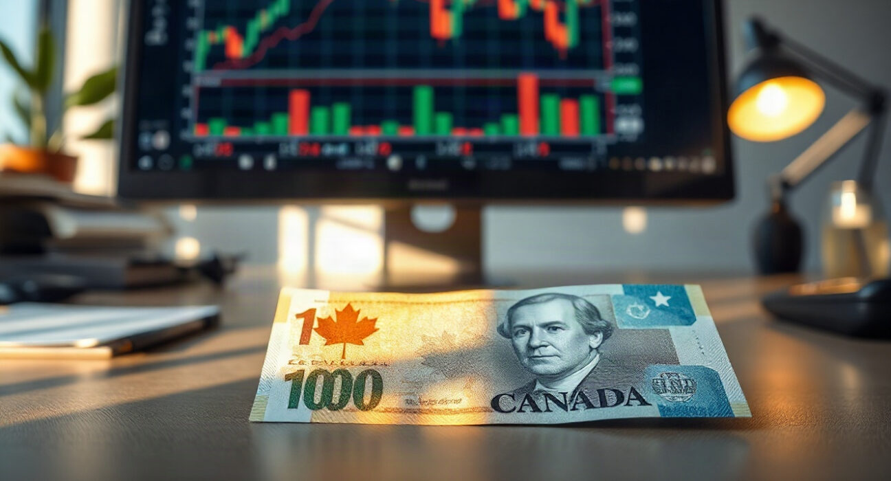 Canadian dollar banknote on a financial desk with a currency chart on a monitor in the background.