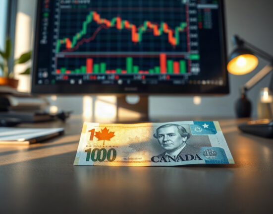 Canadian dollar banknote on a financial desk with a currency chart on a monitor in the background.
