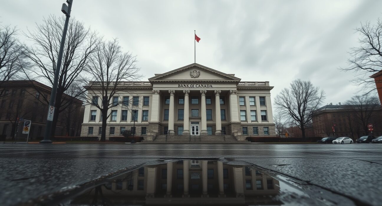 Bank of Canada building in Ottawa on a cloudy day, representing monetary policy and economic risk analysis.