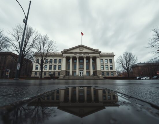 Bank of Canada building in Ottawa on a cloudy day, representing monetary policy and economic risk analysis.