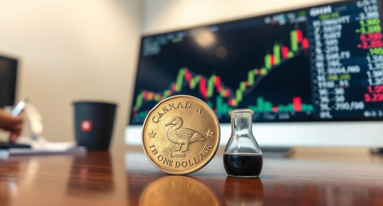 Canadian loonie coin next to crude oil vial with financial charts in background
