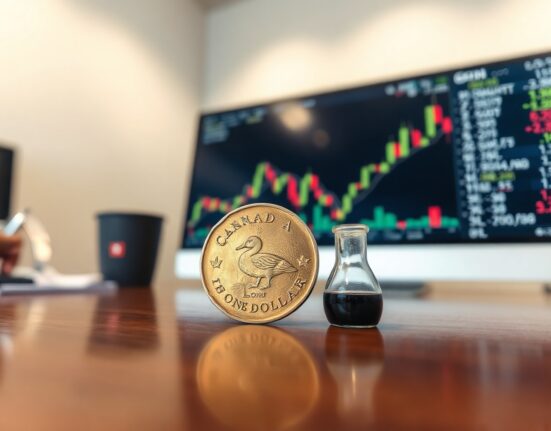 Canadian loonie coin next to crude oil vial with financial charts in background