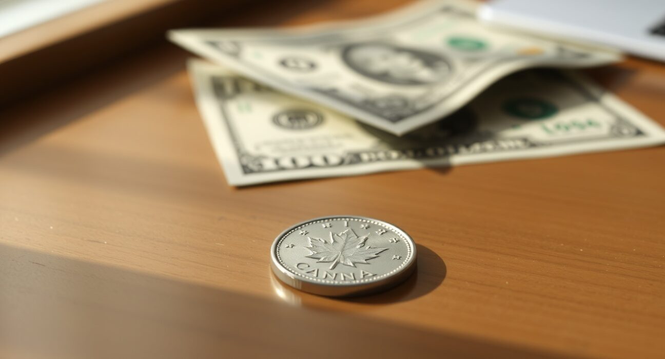 Canadian dollar coin on a desk next to a US dollar bill, representing the USD/CAD exchange rate.