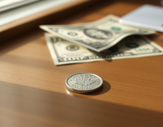 Canadian dollar coin on a desk next to a US dollar bill, representing the USD/CAD exchange rate.
