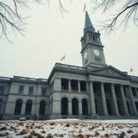 Bank of Canada building in Ottawa on a winter day with overcast sky