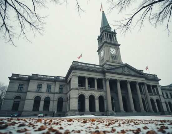 Bank of Canada building in Ottawa on a winter day with overcast sky