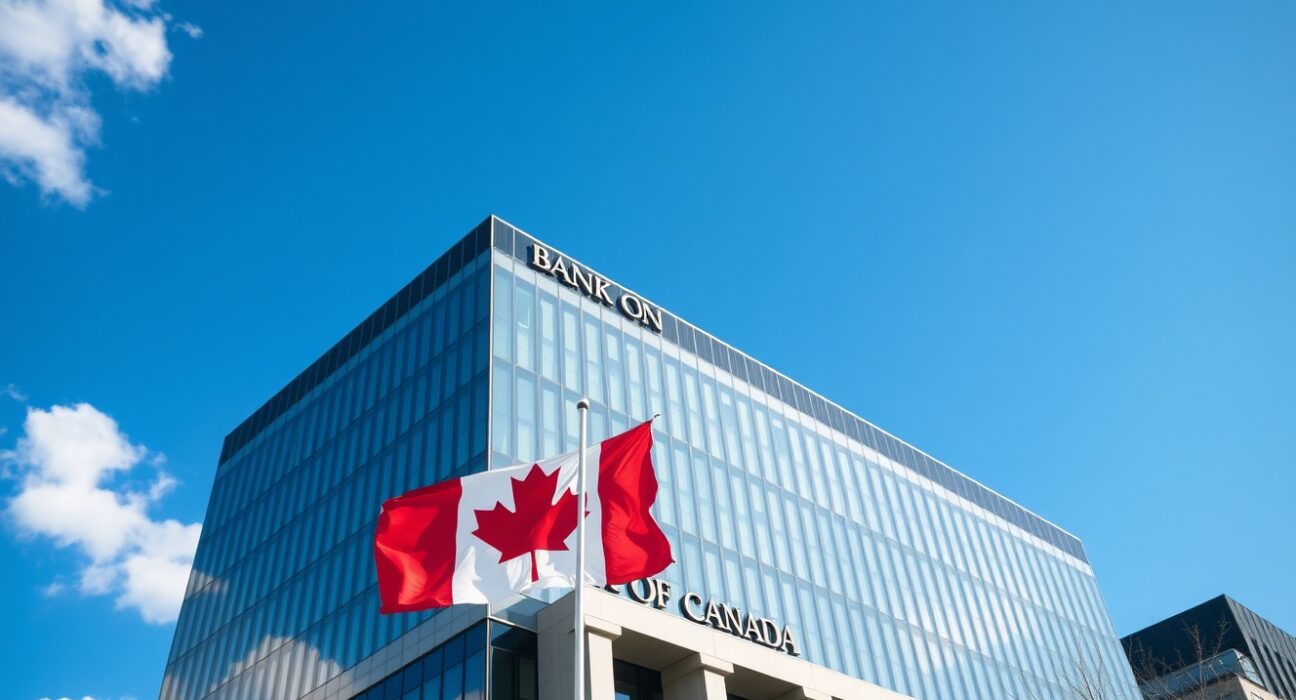 Bank of Canada building on a sunny day with Canadian flag flying, symbolizing monetary policy stability.