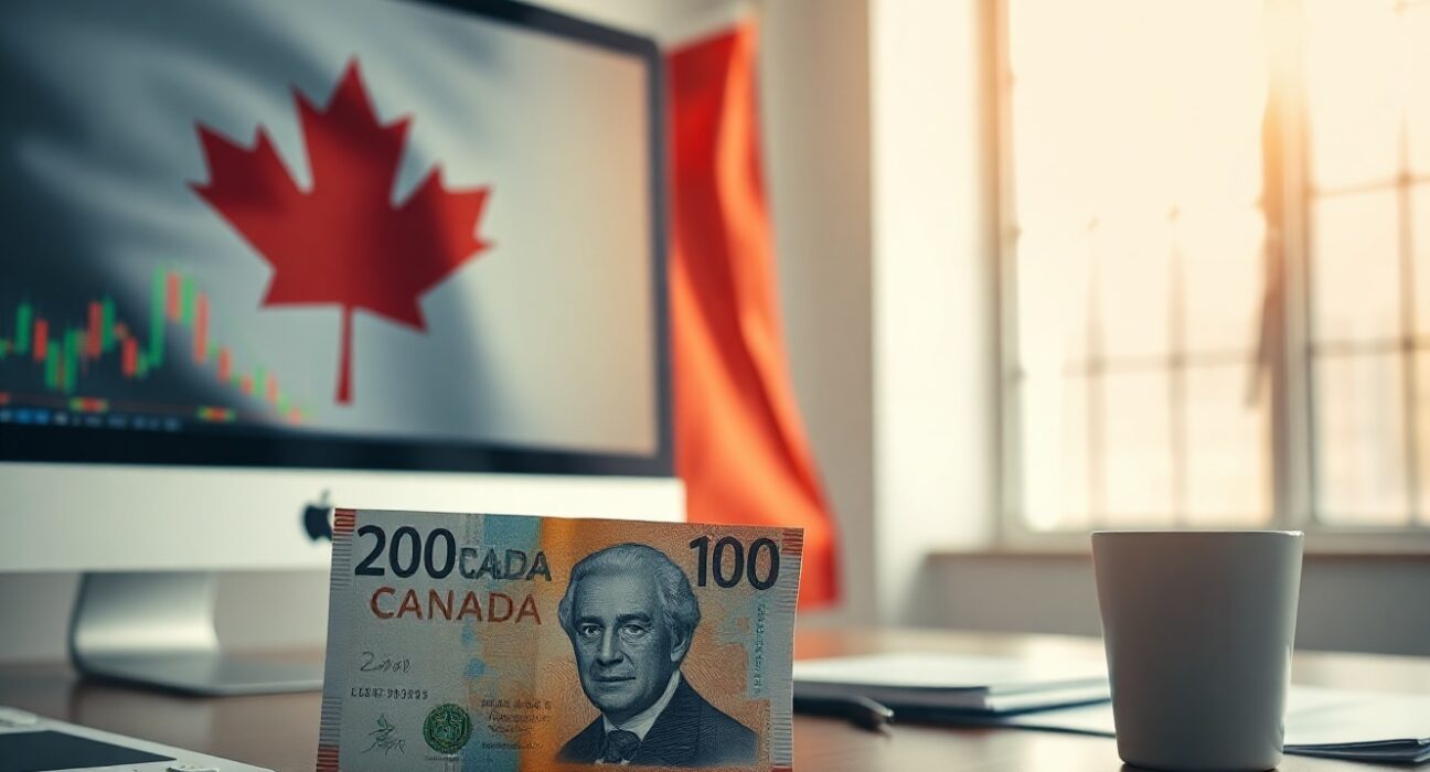 Canadian dollar banknote with economic charts on a monitor and Canadian flag in background, representing forex and policy analysis.