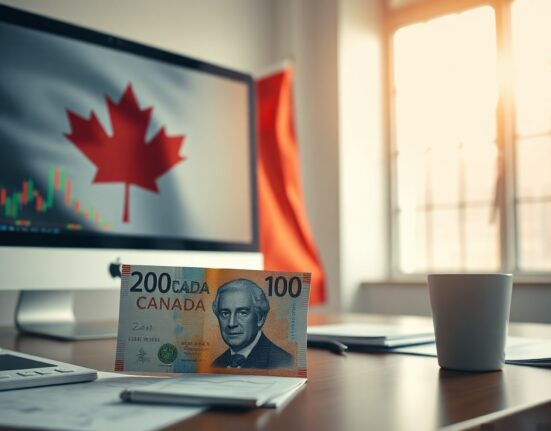 Canadian dollar banknote with economic charts on a monitor and Canadian flag in background, representing forex and policy analysis.