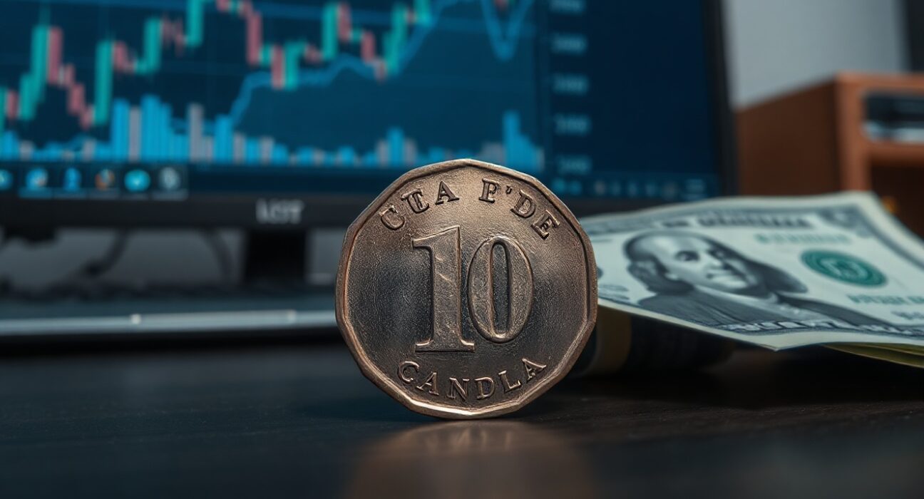 Canadian loonie and US dollar bills on a desk with a blurred financial chart background.