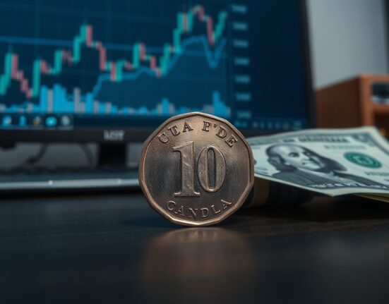 Canadian loonie and US dollar bills on a desk with a blurred financial chart background.