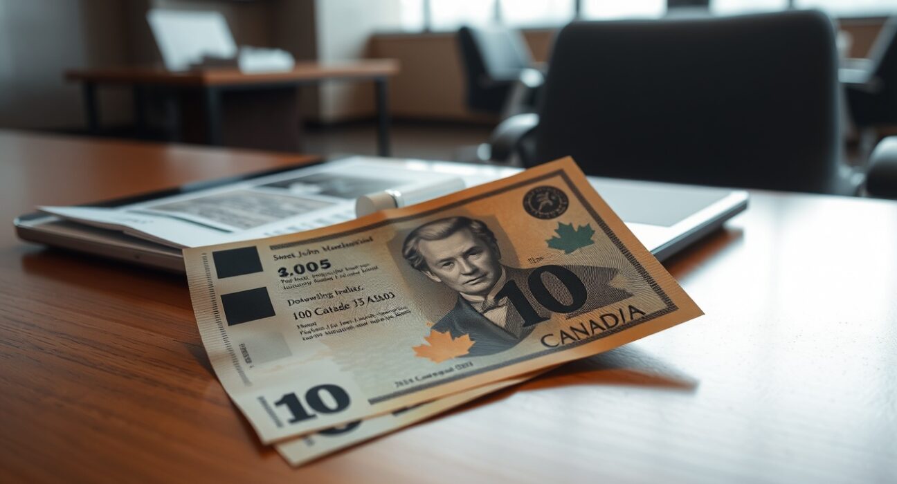 Canadian dollar banknotes and financial chart showing recession risk analysis