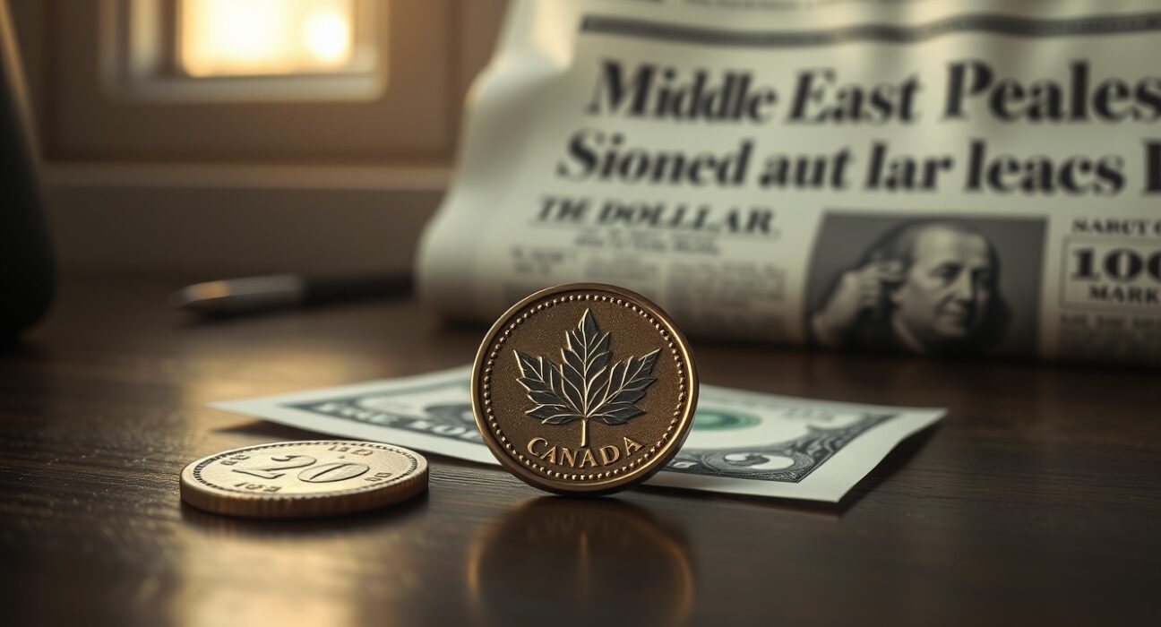 Canadian loonie and US dollar bills on a desk with newspaper in background, representing currency market reaction to Middle East peace hopes.