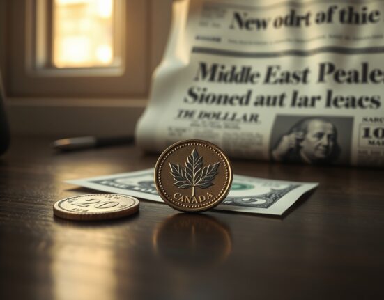 Canadian loonie and US dollar bills on a desk with newspaper in background, representing currency market reaction to Middle East peace hopes.