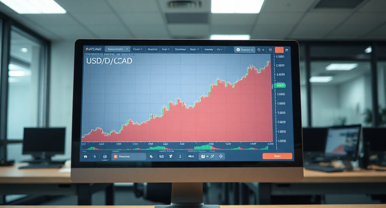 USD/CAD currency chart showing bullish trend for Canadian dollar on trading screen