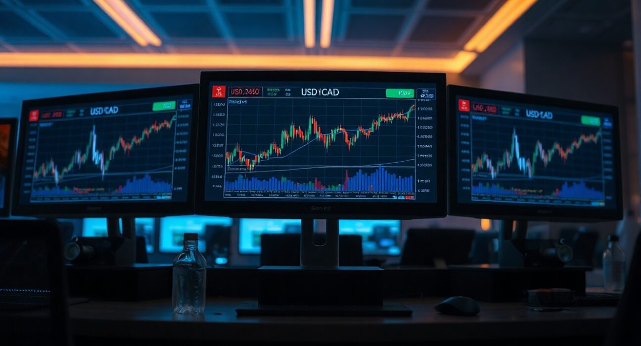 Forex trading monitors displaying bullish USD/CAD price chart near 1.3900 level