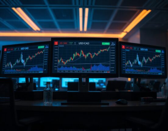 Forex trading monitors displaying bullish USD/CAD price chart near 1.3900 level