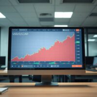 USD/CAD currency chart showing bullish trend for Canadian dollar on trading screen