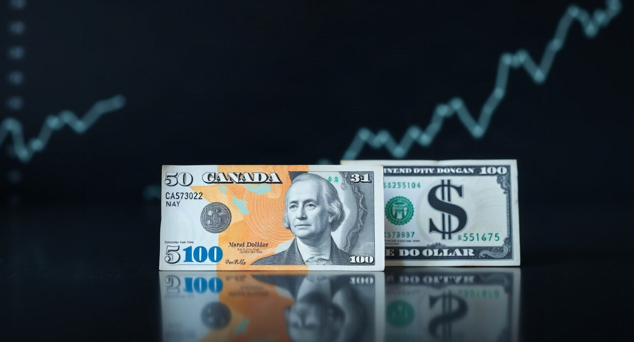 Canadian and US dollar banknotes with a rising chart symbolizing bullish CAD forecast