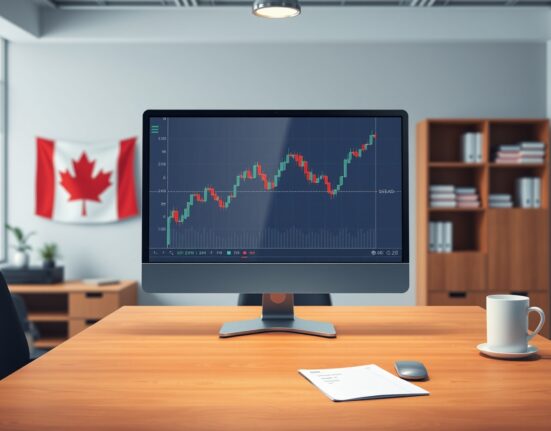 USD/CAD forex chart on a computer monitor in a professional office setting