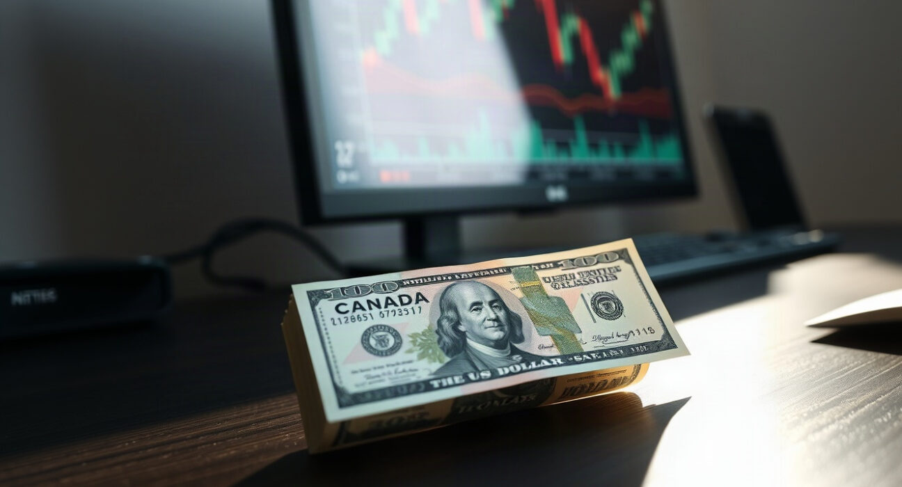 Canadian and US dollar banknotes with a forex chart in background, representing USD/CAD consolidation.