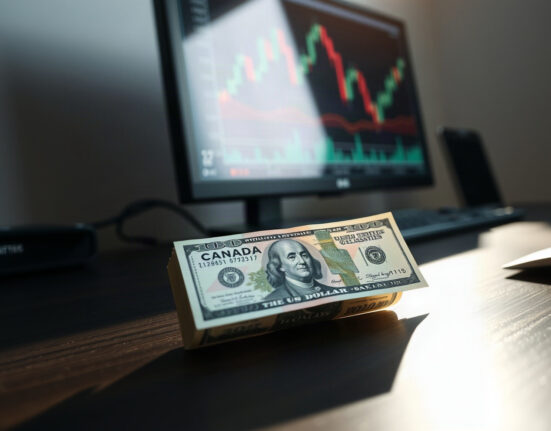 Canadian and US dollar banknotes with a forex chart in background, representing USD/CAD consolidation.