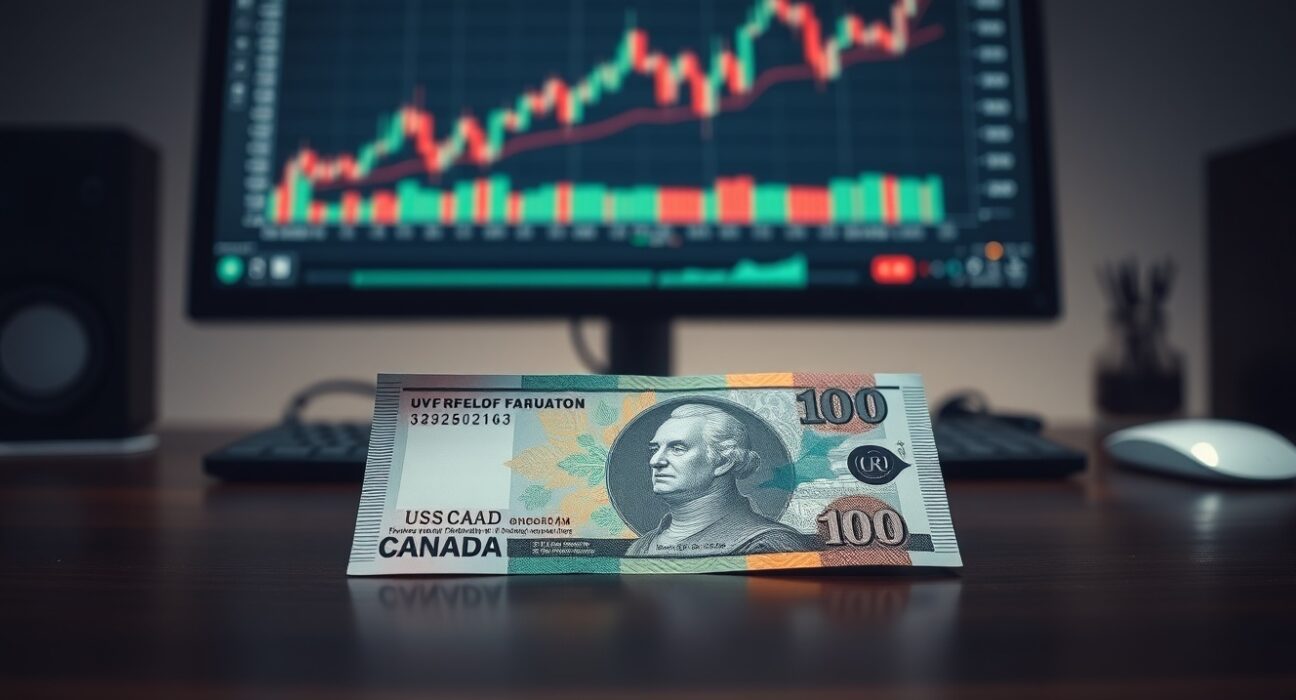 Canadian dollar banknote on a desk with a USD/CAD chart on a monitor in the background.