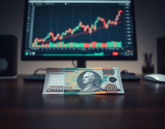 Canadian dollar banknote on a desk with a USD/CAD chart on a monitor in the background.