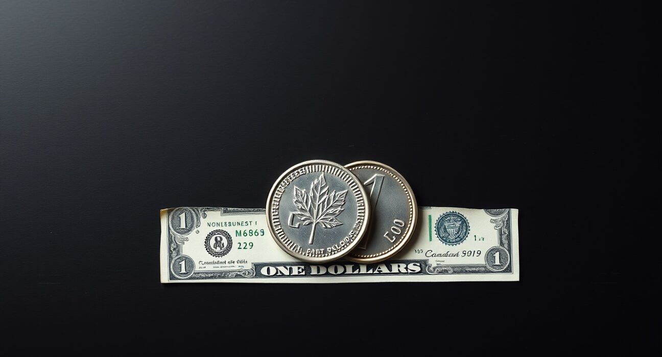 Canadian loonie coin and US dollar bill on a desk representing USD/CAD forex consolidation.