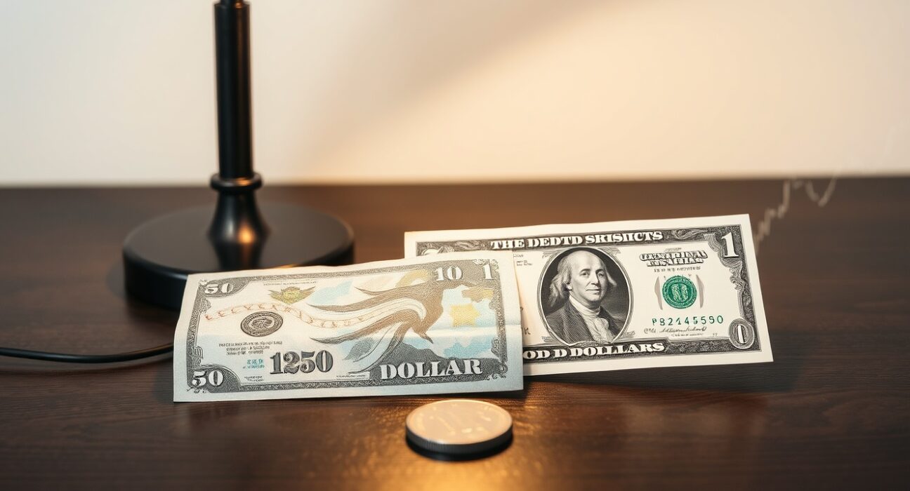 Canadian and US dollar banknotes on a desk with chart overlay representing currency market consolidation