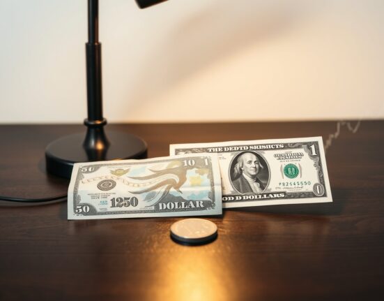 Canadian and US dollar banknotes on a desk with chart overlay representing currency market consolidation