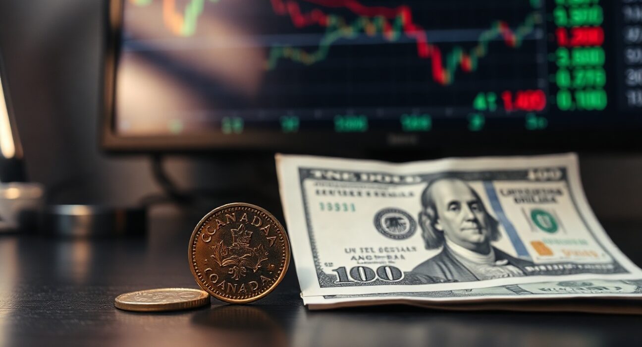 Canadian loonie coin and US dollar bill on a desk with financial charts in background