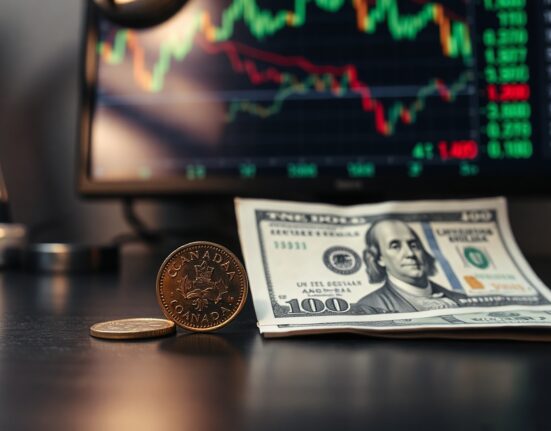 Canadian loonie coin and US dollar bill on a desk with financial charts in background